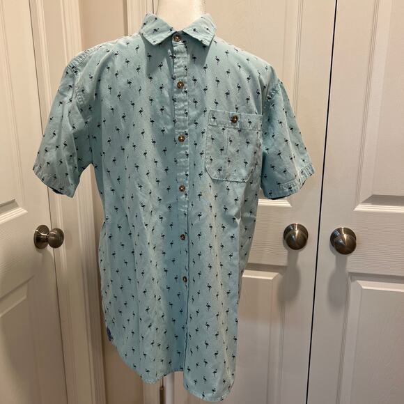 FREE PLANET Aqua Blue Flamingo Short Sleeve Button Down Shirt size Large - Picture 1 of 5